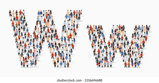 Large group of people in letter W form. Vector seamless background