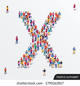 Large group of people in letter X form. Human alphabet. Vector seamless background