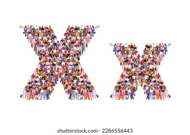 Large group of people in letter X form. People standing together. A crowd of male and female characters. Flat vector illustration isolated on white background.