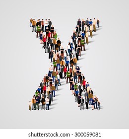 Large group of people in letter X form. People font. Clean vector font. Vector seamless background