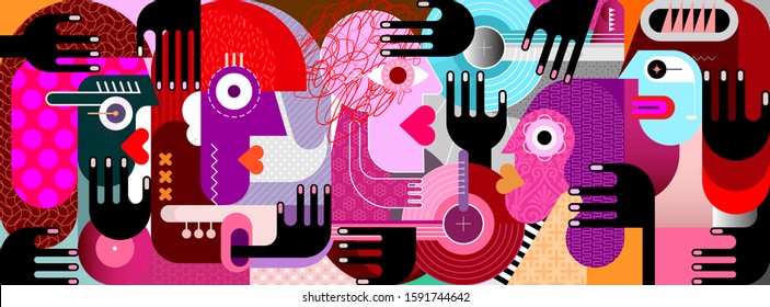 Large group of people and many black hands. Modern abstract art vector illustration.