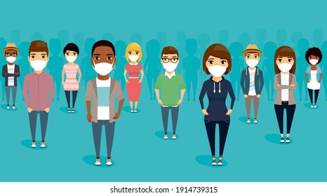 A large group of people in medical masks of protection against the coronavirus epidemic. Young people stand next to each other. Community diversity of people. African-American and European. 