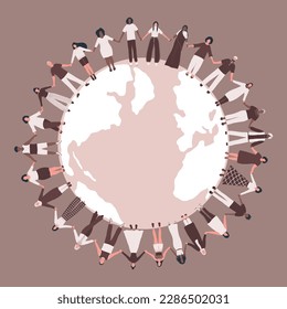 large group of people. Men and women are holding hands, stand around the world map. Multicultural group of people. Vector illustration