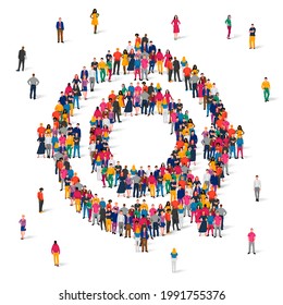 A large group of people in multi-colored clothes are standing in a magnifying glass. The concept of finding something. Crowd. Vector illustration isolated on white background.