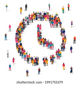 A large group of people in multicolored clothes stands in the form of a round clock with arrows. Time concept. Crowd. Vector illustration isolated on white background.