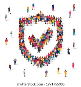 A large group of people in multicolored clothes stands in the form of a billboard with a check mark. Protection and security concept. Crowd. Vector illustration isolated on white background.