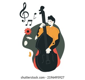 Large group of people or music fans dancing in front of stage with performing musical band, back view. Musicians, singers and audience at summer open air festival. Flat cartoon vector illustration.
