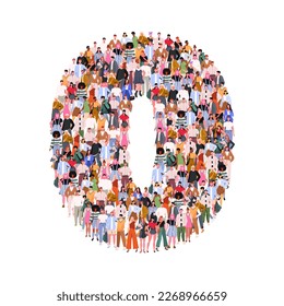 Large group of people in number 0 zero form. Numbers made of people. A crowd of male and female characters. Flat vector illustration isolated on white background.