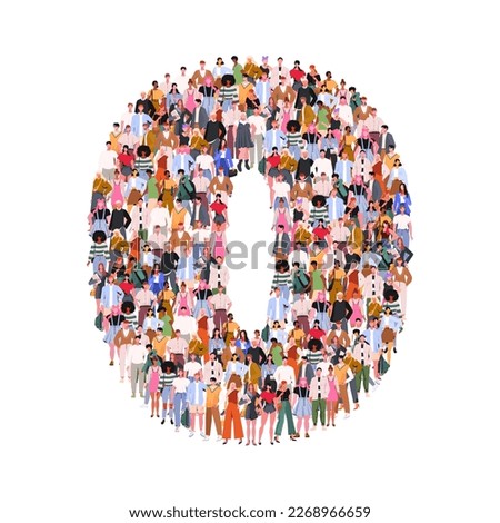 Large group of people in number 0 zero form. Numbers made of people. A crowd of male and female characters. Flat vector illustration isolated on white background.