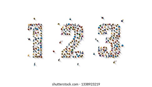 Large group of people in number 1, 2, 3, one, two, three form. People font . Vector illustration