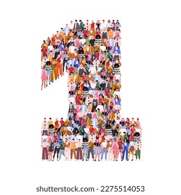 Large group of people in number 1 one form. Numbers made of people. A crowd of male and female characters. Flat vector illustration isolated on white background.