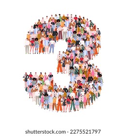 Large group of people in number 3 three form. Numbers made of people. A crowd of male and female characters. Flat vector illustration isolated on white background.