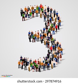 Large Group Of People In Number 3 Three Form. People Font. Vector Illustration