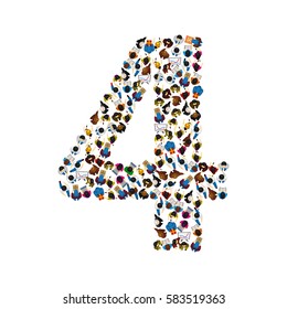 Large group of people in number 4 four form. People font. Vector illustration