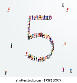 Gran grupo de personas en el número 5 cinco forma. Ilustración del vector