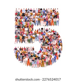 Large group of people in number 5 five form. Numbers made of people. A crowd of male and female characters. Flat vector illustration isolated on white background.