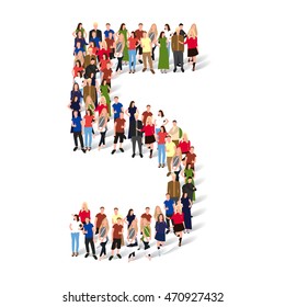 Large group of people in number 5 five form. People font. Vector illustration