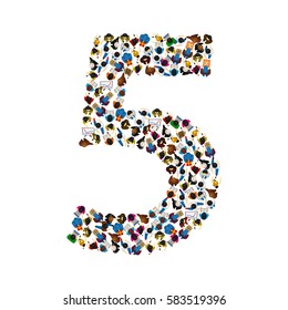 Large group of people in number 5 five form. People font. Vector illustration