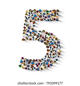 Large group of people in number 5 five form. People font . Vector illustration