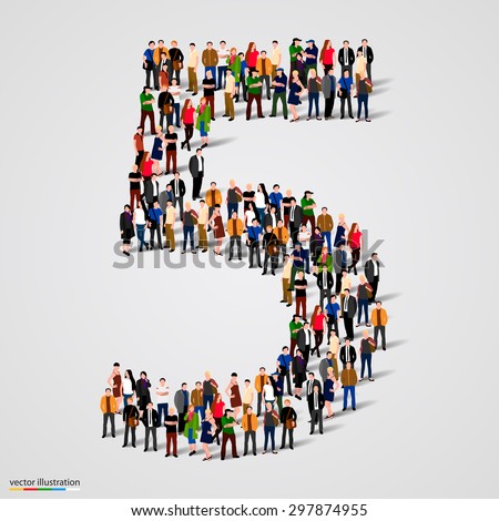 Large group of people in number 5 five form. People font. Vector illustration