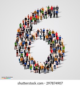 Large group of people in number 6 six form. People font. Vector illustration