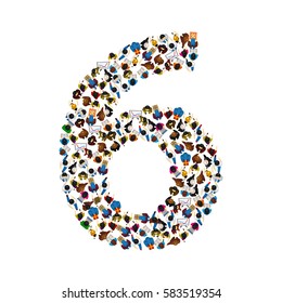 Large group of people in number 6 six form. People font. Vector illustration