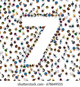 Large group of people in number 7 seven form. People font. Vector illustration