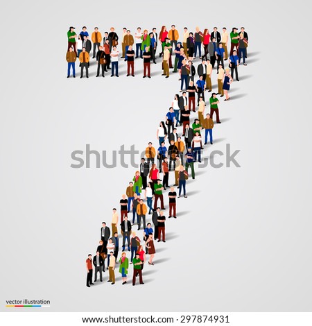 Large group of people in number 7 seven form. People font. Vector illustration