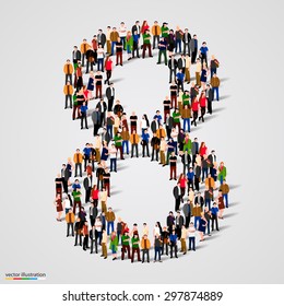 Large Group Of People In Number 8 Eight Form. People Font. Vector Illustration