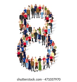Large group of people in number 8 eight form. People font. Vector illustration