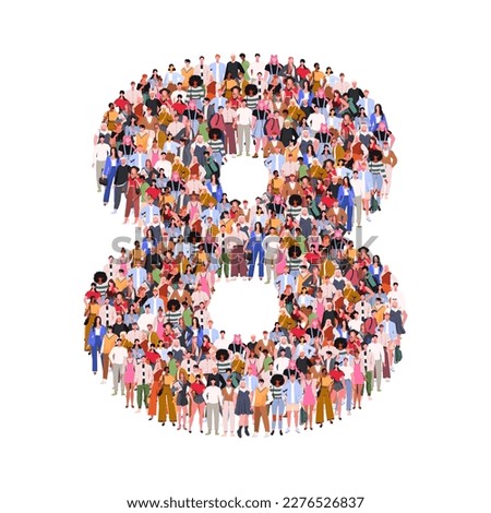 Large group of people in number 8 eight form. Numbers made of people. A crowd of male and female characters. Flat vector illustration isolated on white background.