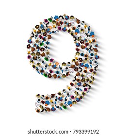 Large group of people in number 9 nine form. People font . Vector illustration