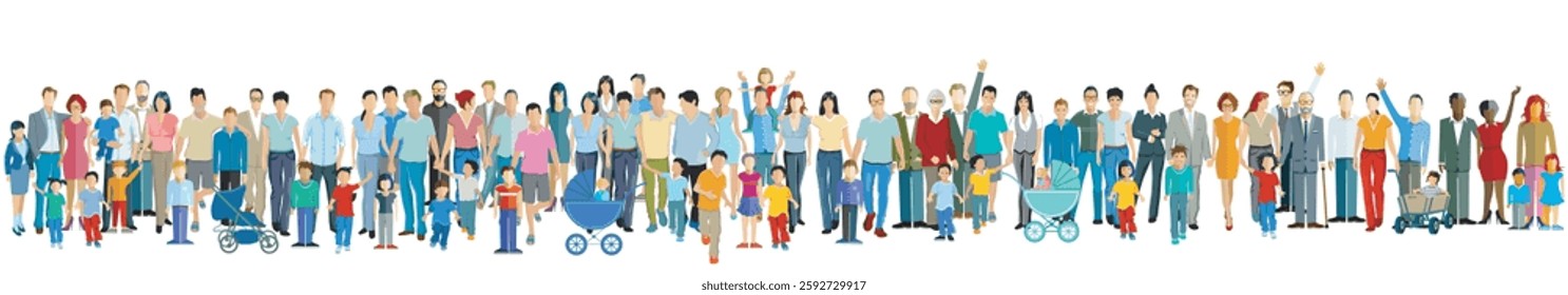 large group of  people with parents and children illustration