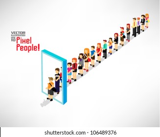 a large group of people queuing up entering a door vector icon design