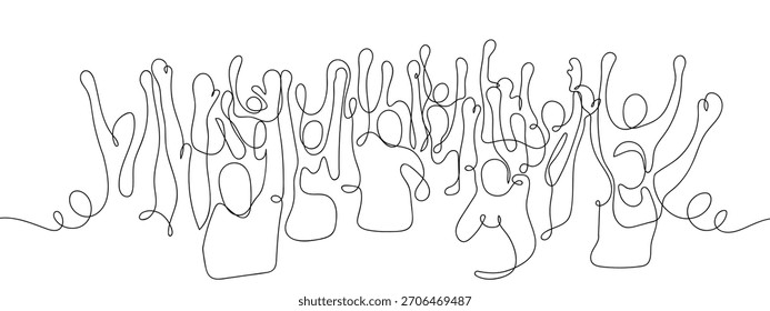 A large group of people raise their hands in joy, showing their happiness, in one continuous line. vector drawing.