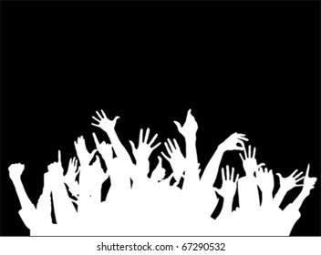 Large group of people raising hands. Hands up silhouette, vector