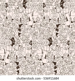 A large group of people. Seamless pattern of happy laughing people. Vector cartoon background.