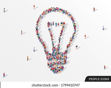 Large group of people seen from above gathered together in the shape of lightbulb. Idea and inspiration concept. Vector illustration