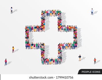 Large group of people seen from above gathered together in the shape of medicine cross symbol. Medical care concept. Vector illustration