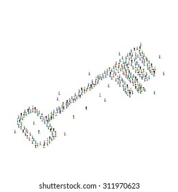 Large group of people seen from above gathered together in the shape of a door key