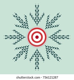 Large group of people seen from above gathered together in the shape of a arrow hitting the target center. Stock flat vector illustration.