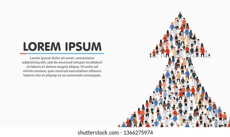 Large group of people in the shape of an arrow. Vector illustration