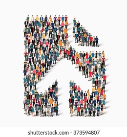 A large group of people in the shape of an arrow direction. Vector illustration