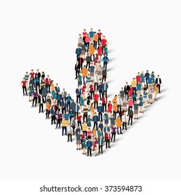 A large group of people in the shape of an arrow direction. Vector illustration