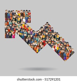 Large group of people in the shape of an arrow direction. Vector illustration.