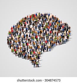 Large group of people in the shape of brain sign. Vector illustration