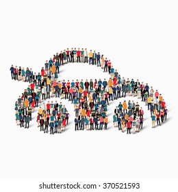 Large Group Of People In The Shape Of Car. Vector Illustration.