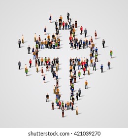 Large group of people in the shape of christian cross. Christian sign. Catholic background.  Religious symbol. Vector illustration