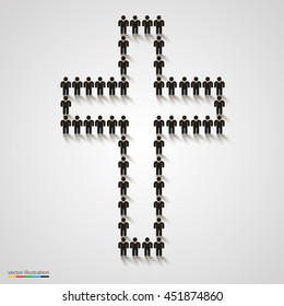 Large group of people in the shape of christian cross. Christian sign. Catholic background. Religious symbol. Vector illustration