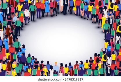 Large group of people in the shape of a circle on white background. People crowd concept. Vector illustration